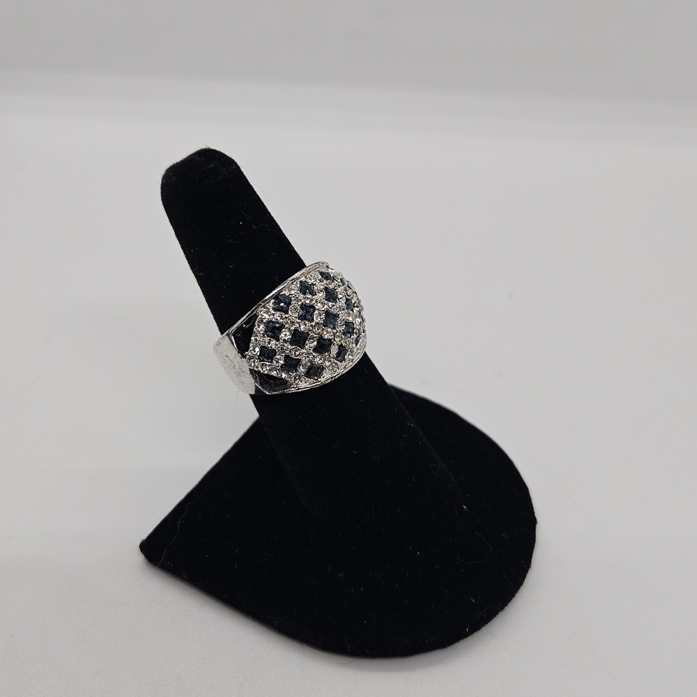 Camille Lucie silver tone ring with blue and clear rhinestones size 6.5